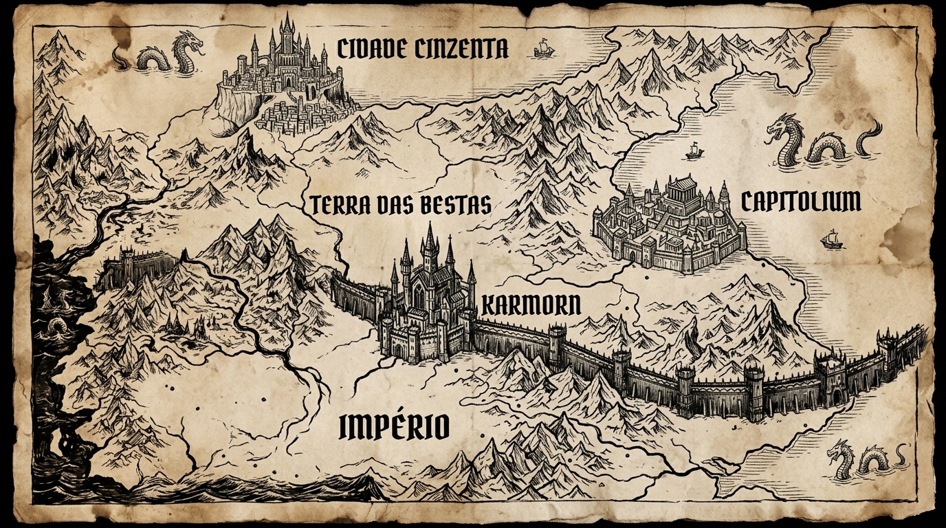 Mapa do continente das Crónicas do Trovão Carmesim, mostrando Capitolium, Cidade Cinzenta, KarMorn, Terra das Bestas e o Império